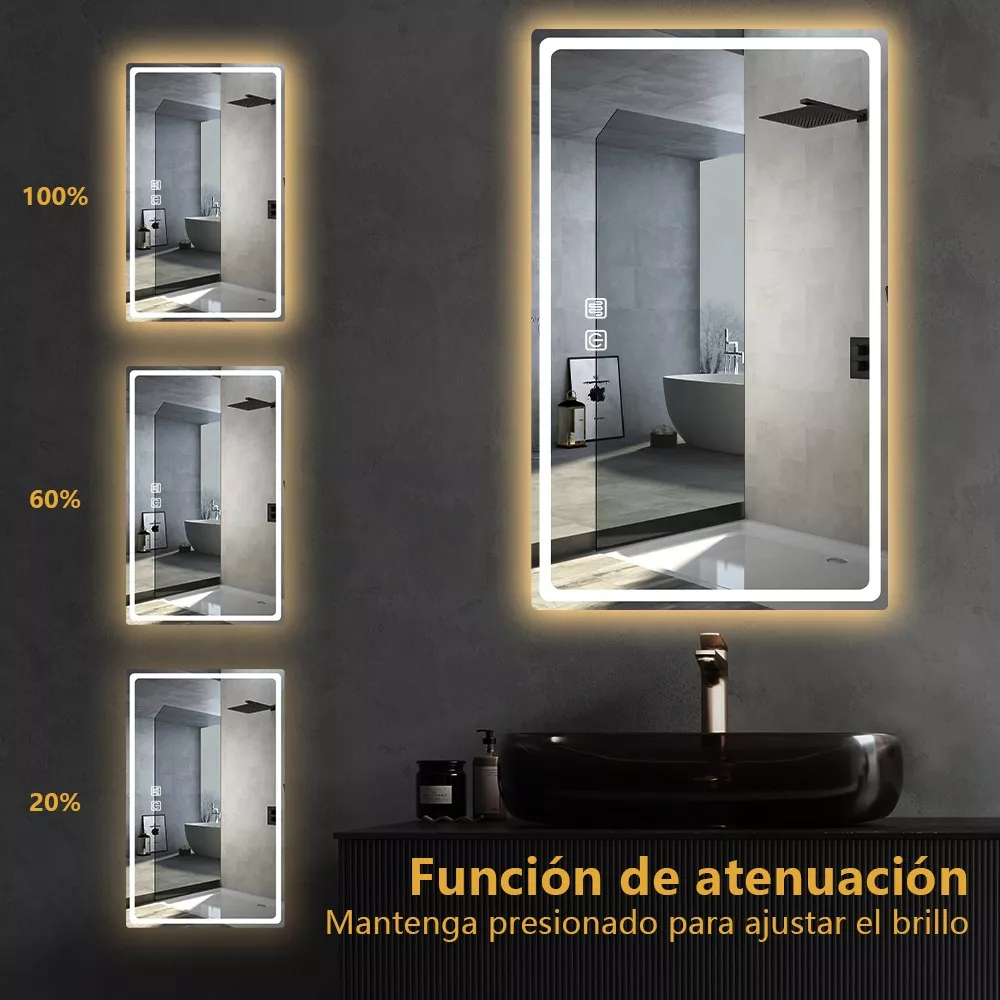 Espejo Led Baño 50x70cm Touch 3 Modo Con Función Antivaho