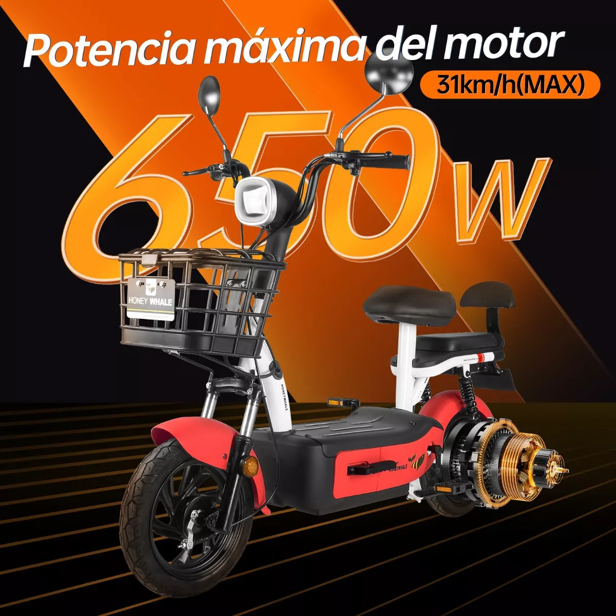 Bicicleta Electrica U1s Honey Whale 650w-Máxima del Motor 31km/h -Velocidad Máxima 65km-Autonomía Moto Bicimoto Eléctrica con Alarma Honeywhale
