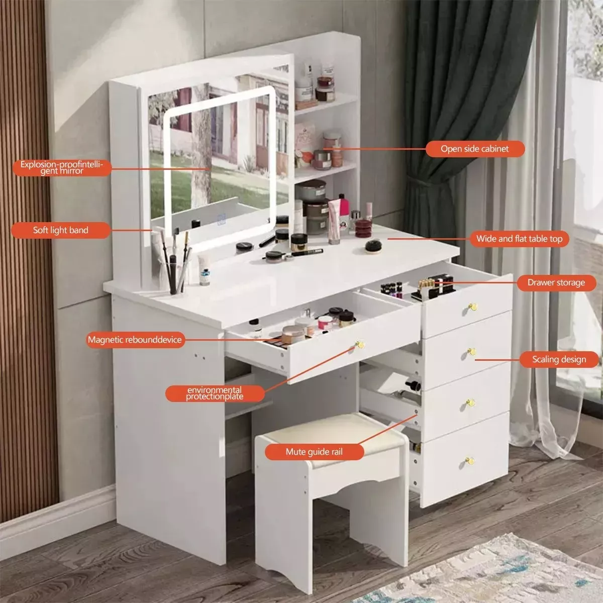 Tocador Vanity Multifuncional Moderno Con Espejo Led Y Banco