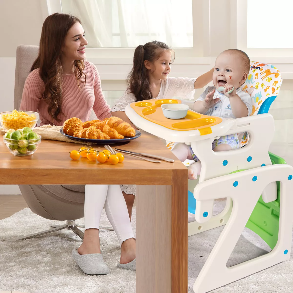 Sejoy Silla Comer Bebé Gy01-gree Plegable 3 En 1 Ajustable