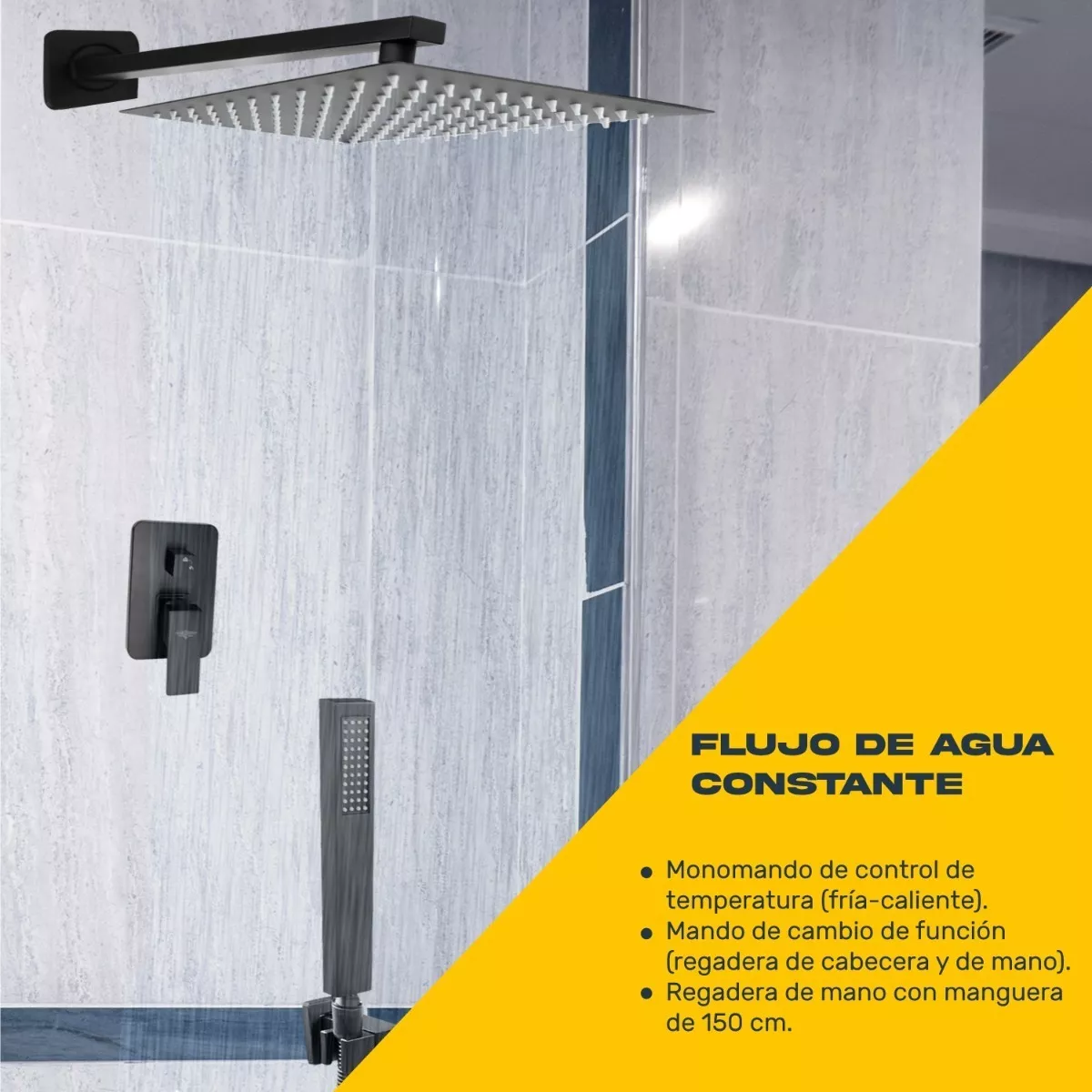 Regadera Cuadrada Negra Lluvia Acero Inox Monomando 25cm Acabado Mate Color Negro