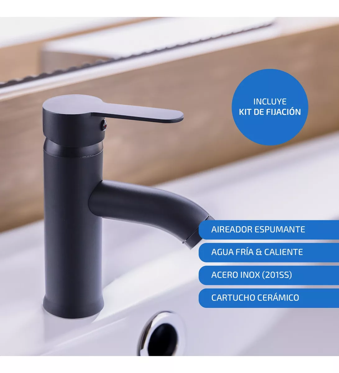 Llave Mezcladora Baja Monomando Para Lavabo Fregadero Grifo Negro Lavamanos Baño Femmto Negro