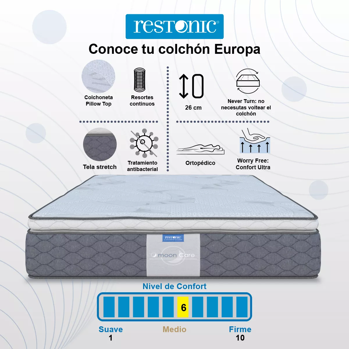 Colchón Individual Restonic Descanso Seguro Garantía 5 Años | Ortopédidco Tratamiento Antibacterial