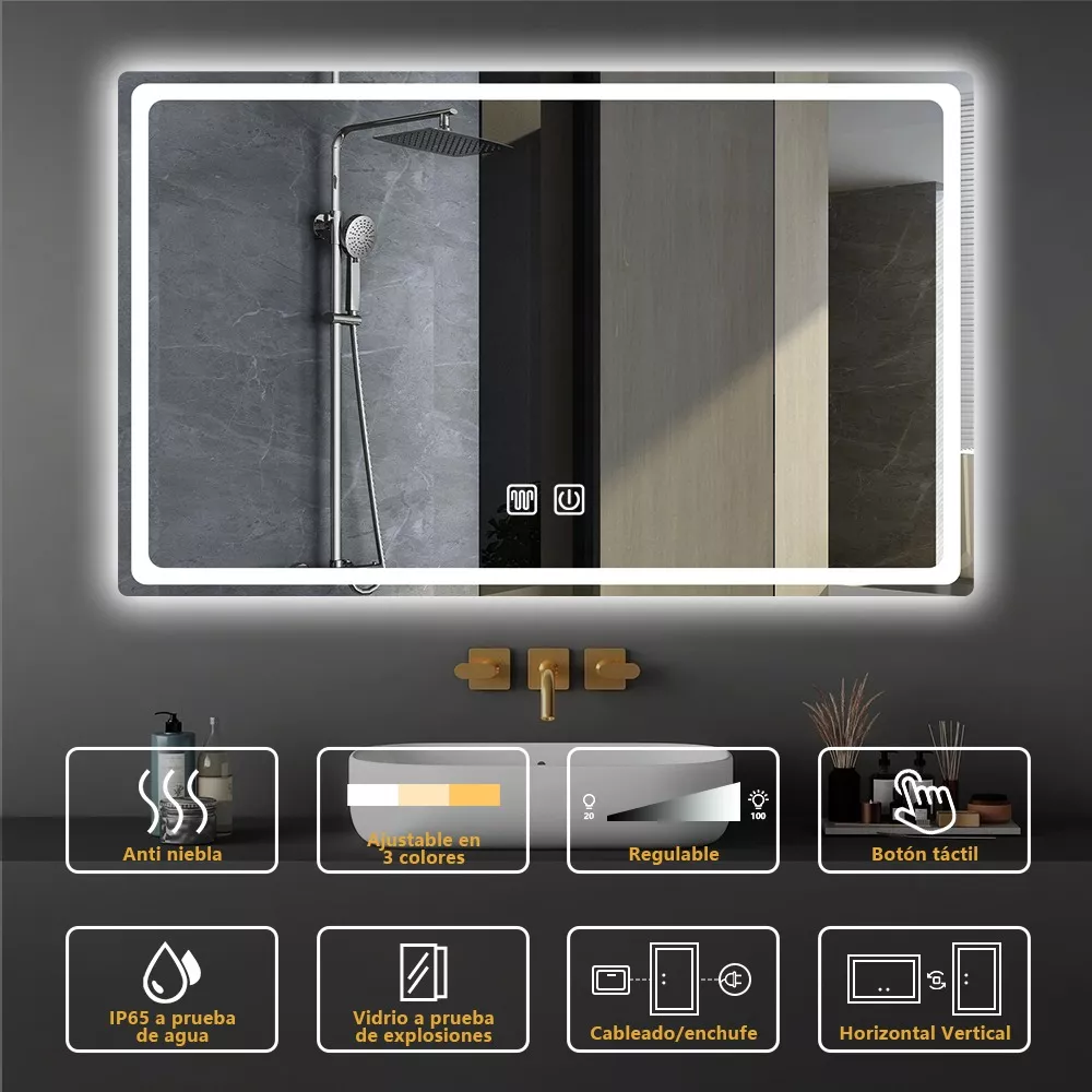 Espejo Led Baño 50x70cm Touch 3 Modo Con Función Antivaho