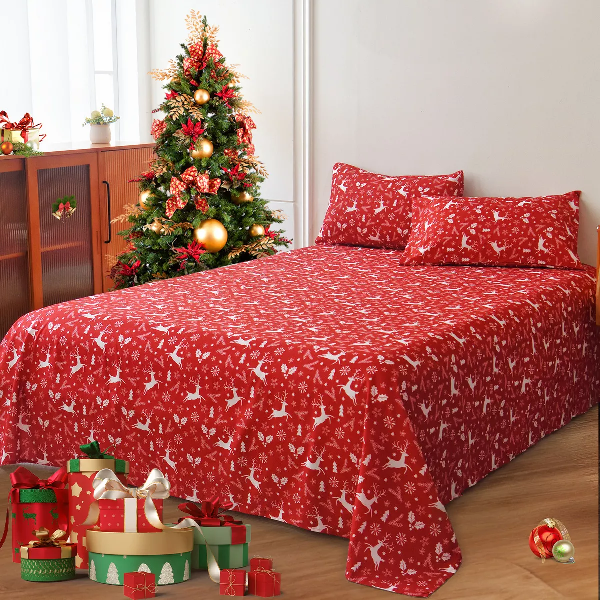 Juego De Sábanas Matrimoniale Ultrasuave Anti-ácaros 4pzs Color Rojo Diseño de la tela Navidad