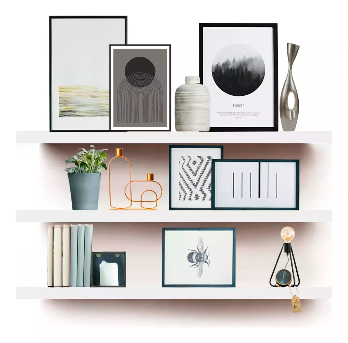 Kit 3 Repisas Flotantes Minimalistas Con Accesorios 50x15 Cm Color Nogal