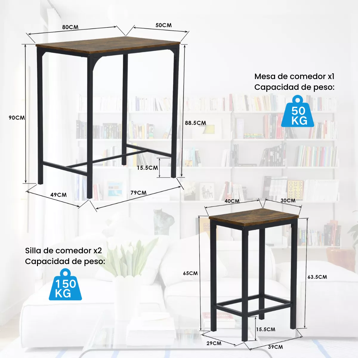 Gomyhome Juego De Comedor 2 Sillas Rectangular 80cm Marrón