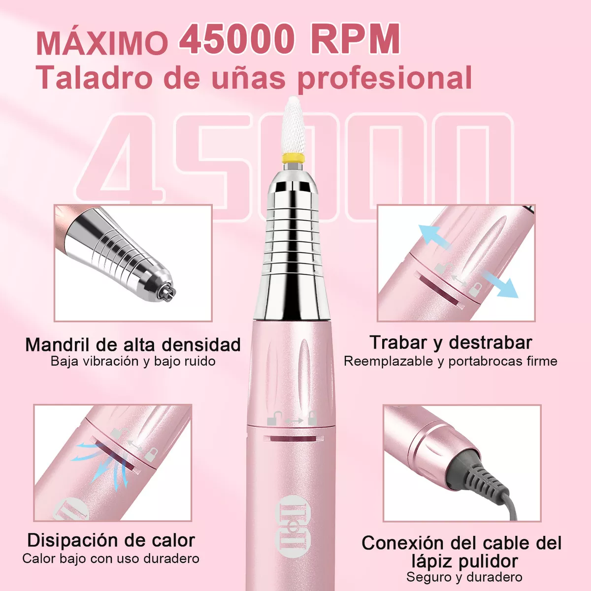 Ciicii Pulidor Esmeril Taladro De Uñas Profesional 45000rpm, Taladro De Uñas Eléctrico Con Led Para Técnicos De Uñas Profesionales O Principiantes