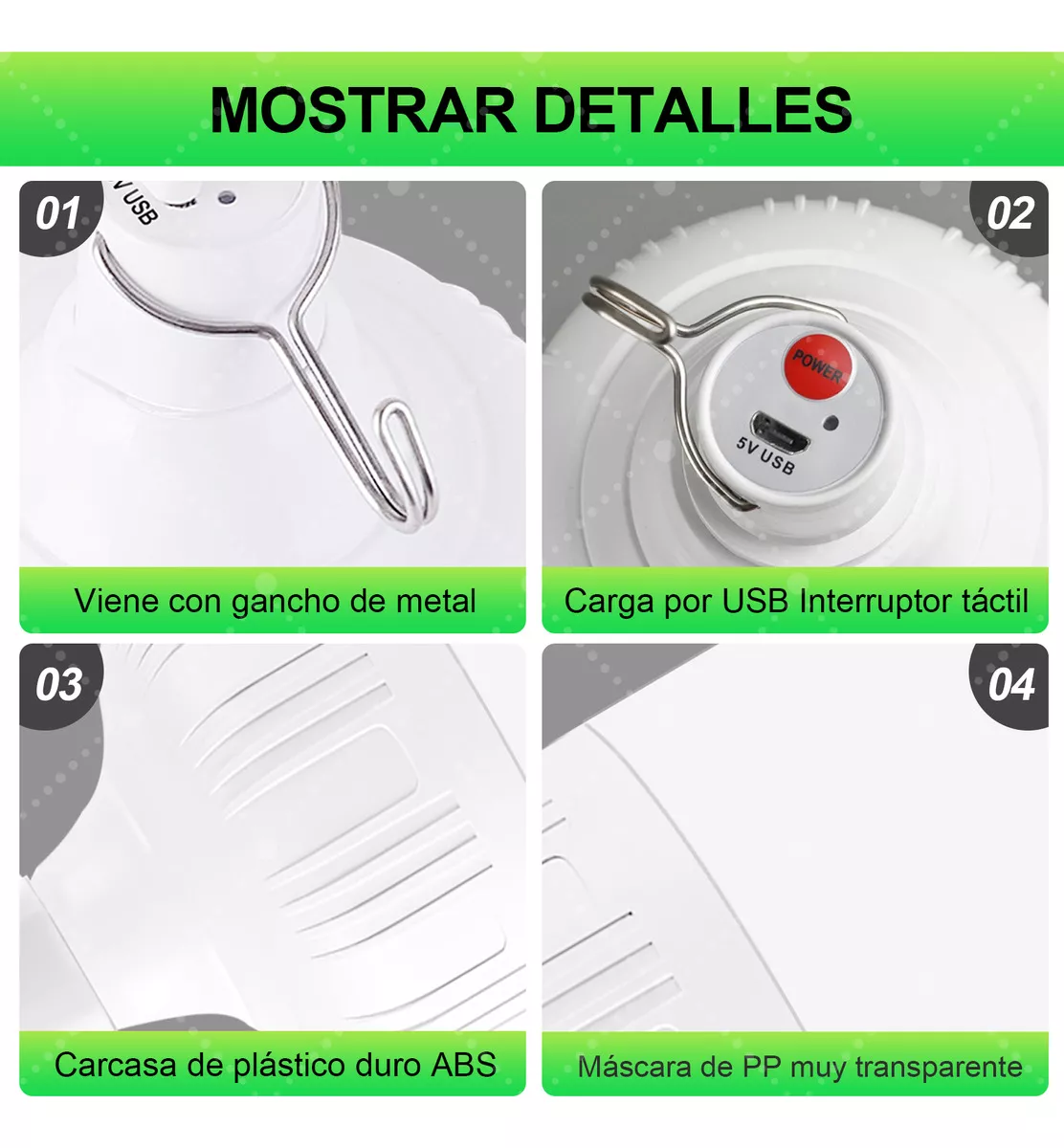 2pzs portatil recargable emergencia usb 80w lámpara foco led 8cmx13.5cm blanco frio 5 modos de iluminación recargables de emergencia