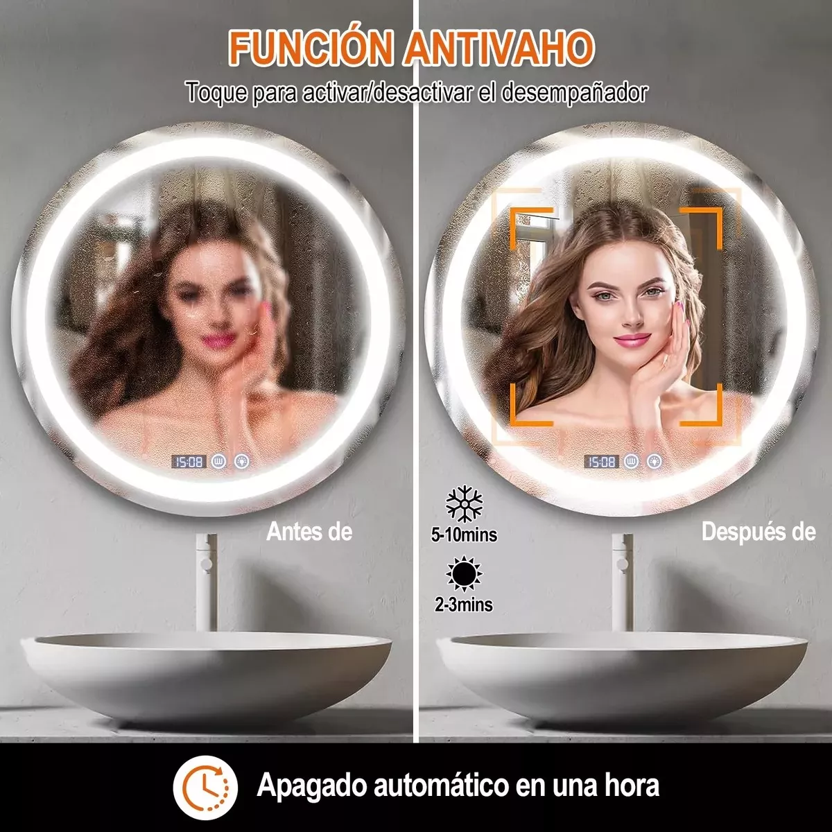 Espejo Led Baño Touch 3 Modo Con Función Antivaho 60*60cm