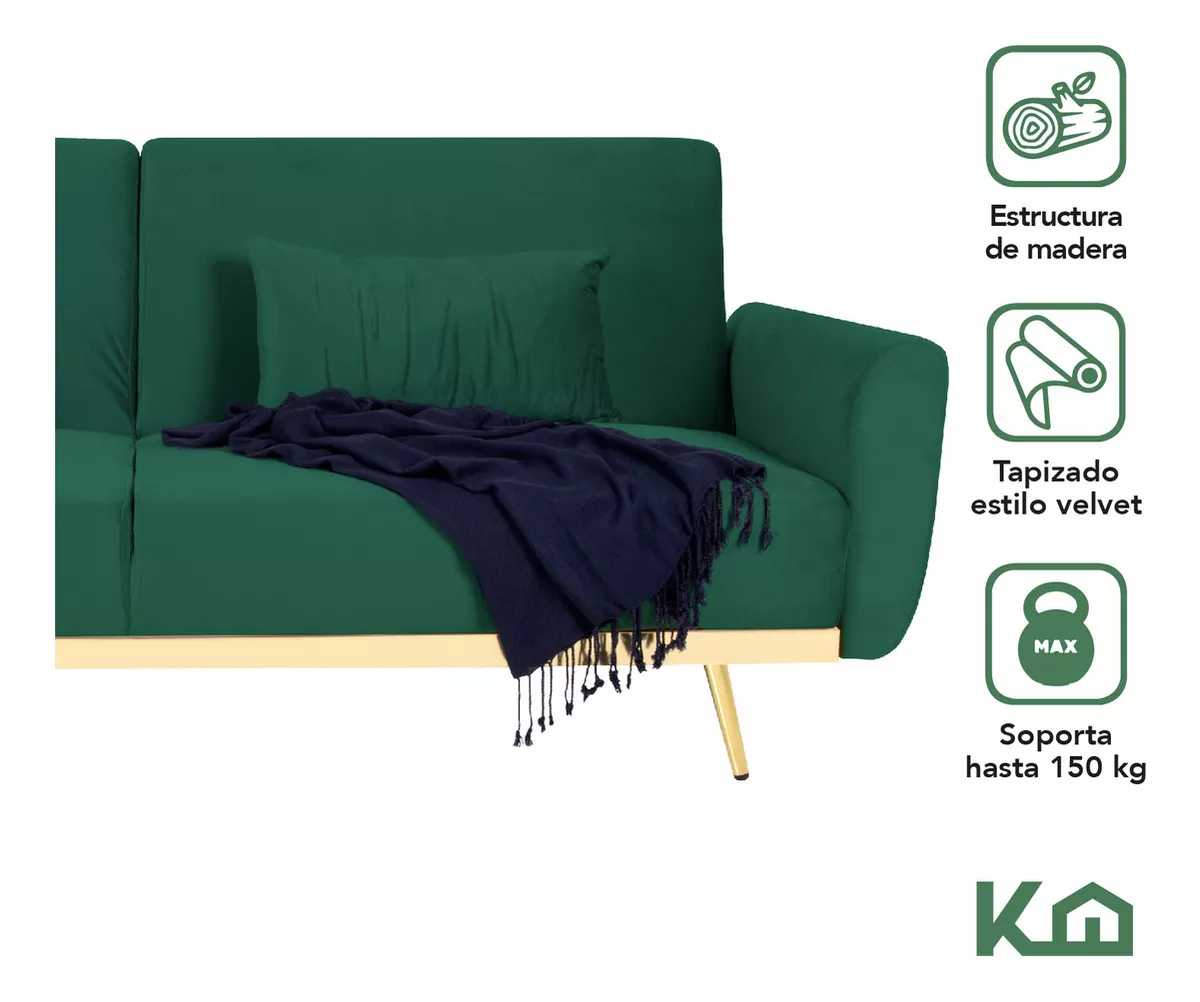 Sofá Cama Silla Plegable 3 Personas Sillón Contemporáneo Tapizado Poliéster Tipo Terciopelo + 2 Cojines Verde Kingshouse