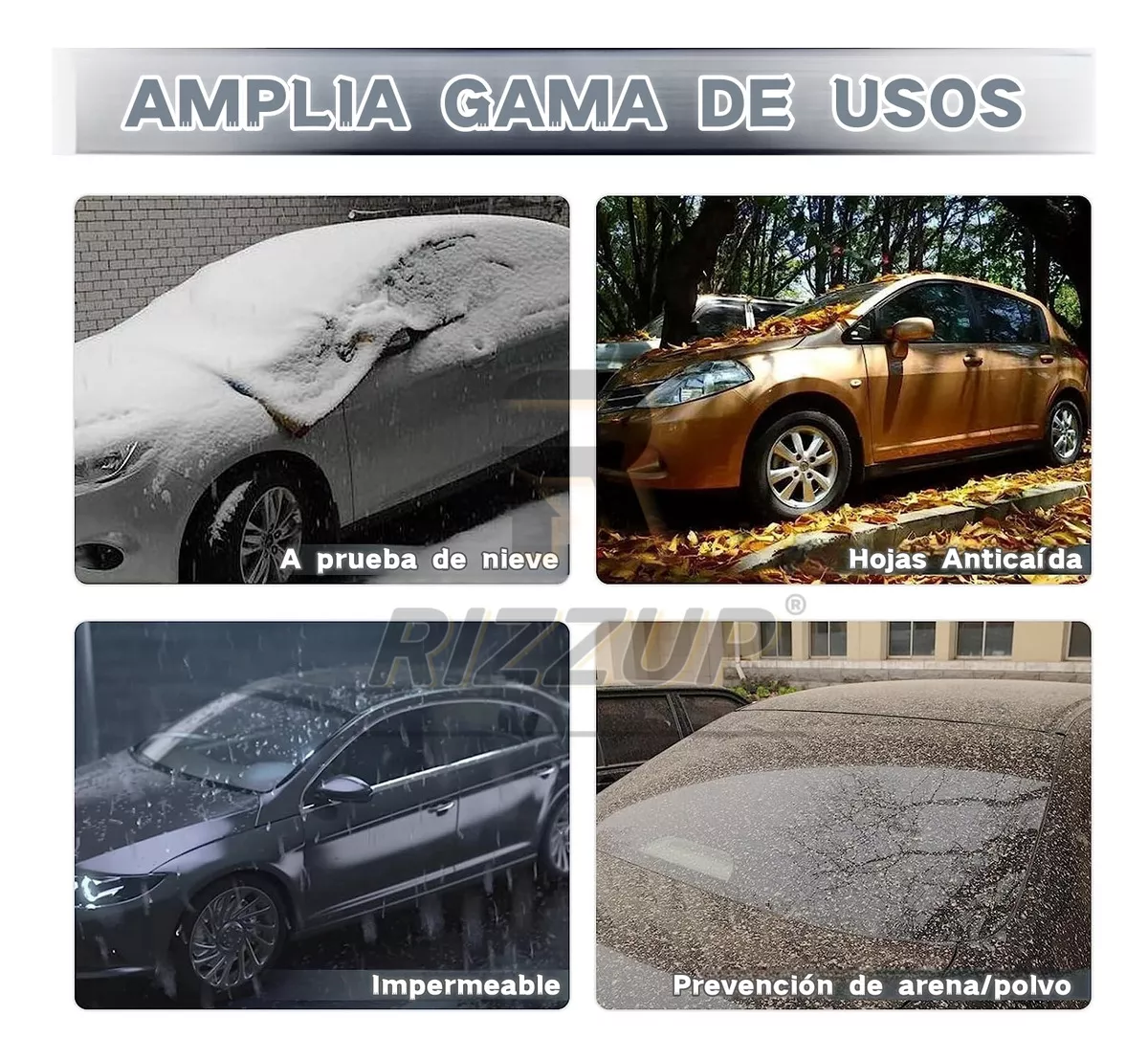 Rizzup® 4.15m Cubierta Funda Protector Hatchback Para Carro Sedán Pequeño Anti Polvo Sol Viento Lluvia Reflejante Para Automovil Coche Cubre Carro 100% Impermeable