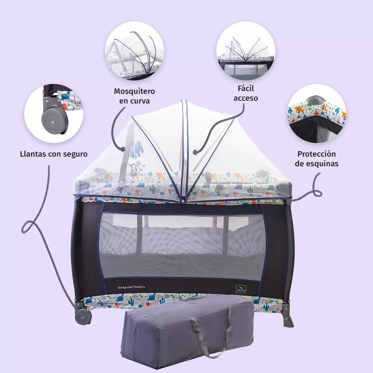 Cuna Corral Para Bebé Aeiou Bc003 Plegado Fácil Color Dark