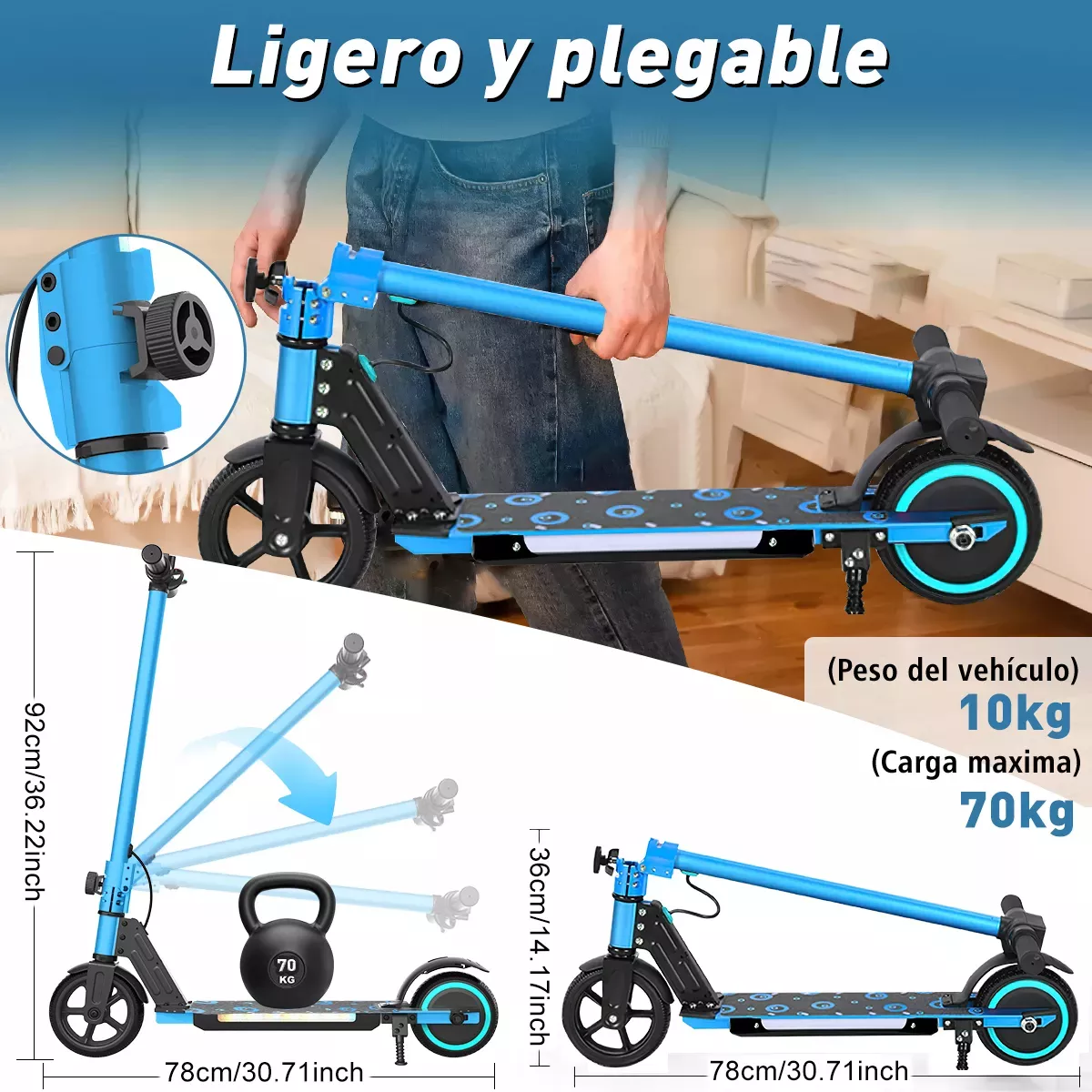 Scooter Patín Eléctrico Led 250w 16km/h 5.2ah Con Rodilleras