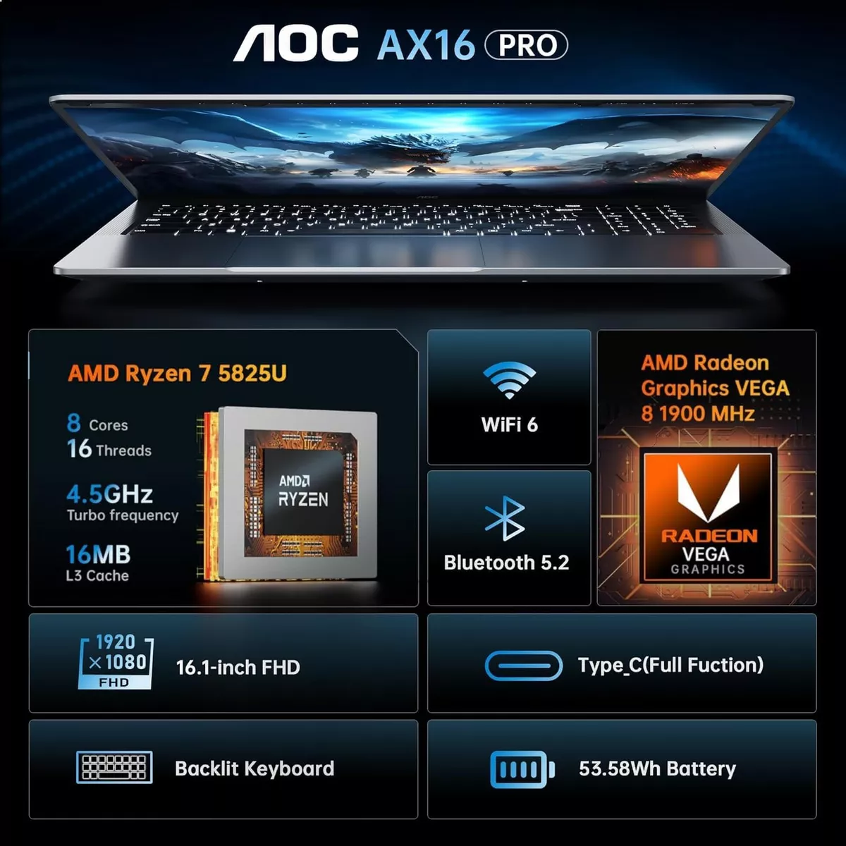 Aoc Laptop Games Amd Ryzen 7 5825u 16gb Ram 512gb Ssd 16.1''