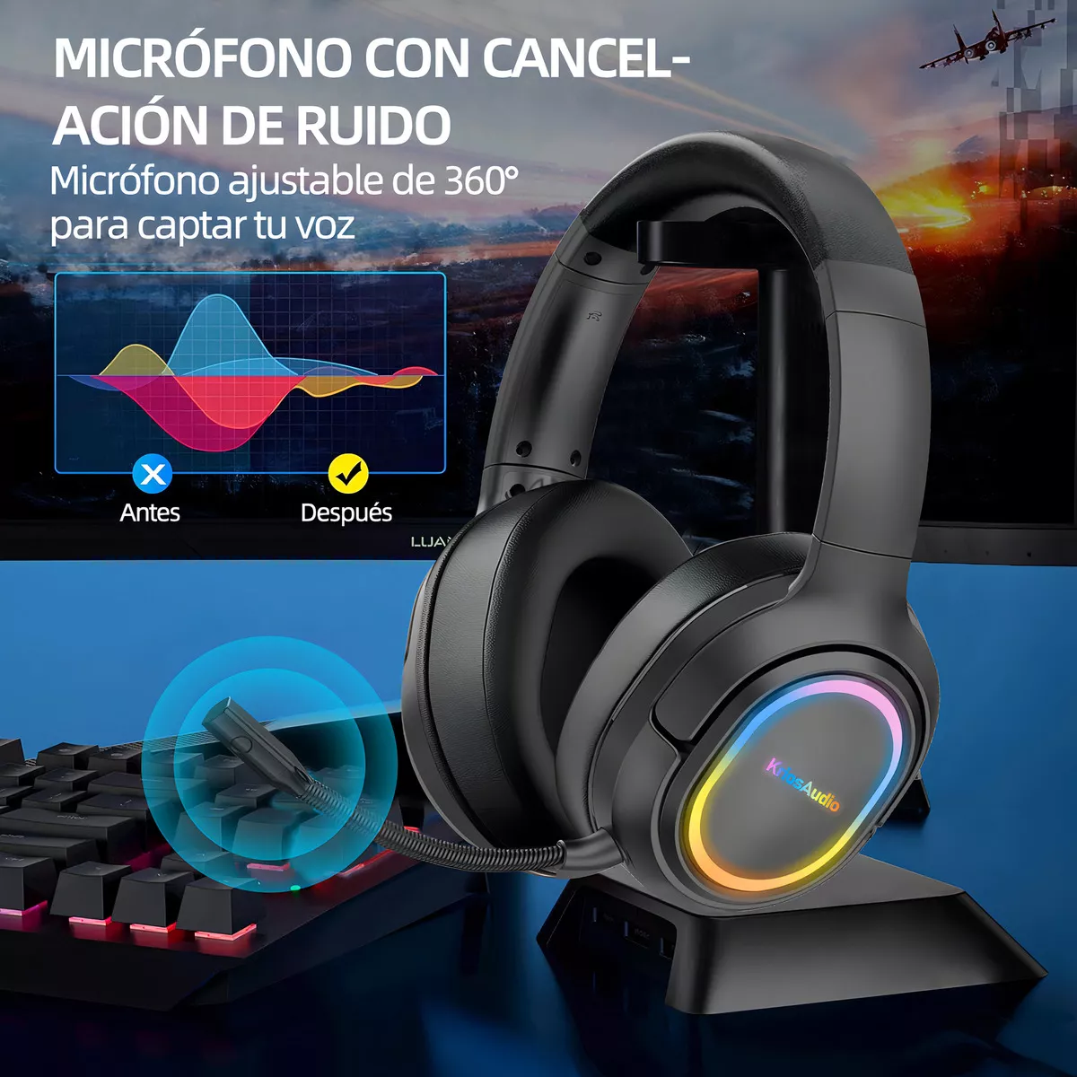 Audífonos Inalámbricos Diadema Bluetooth Gamer Headset KRIOS Bk3 Con Micrófono Luz Led Manos Libres Para Xbox Ps4 Pc