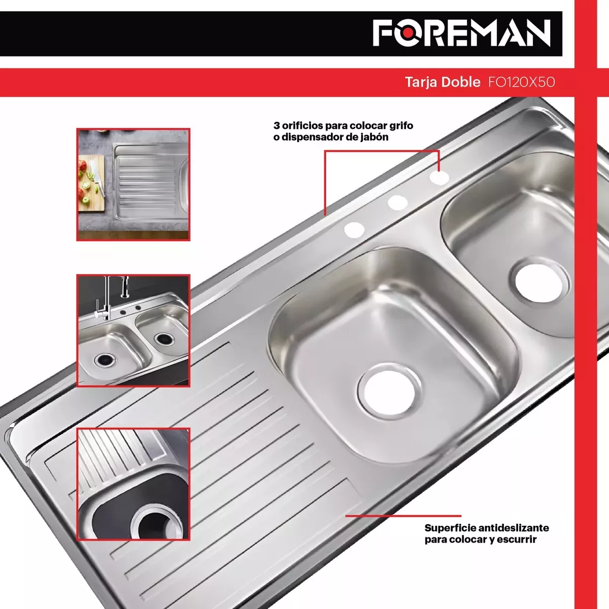 Tarja Fregadero Acero Inoxidable Doble Escurridor Cocina