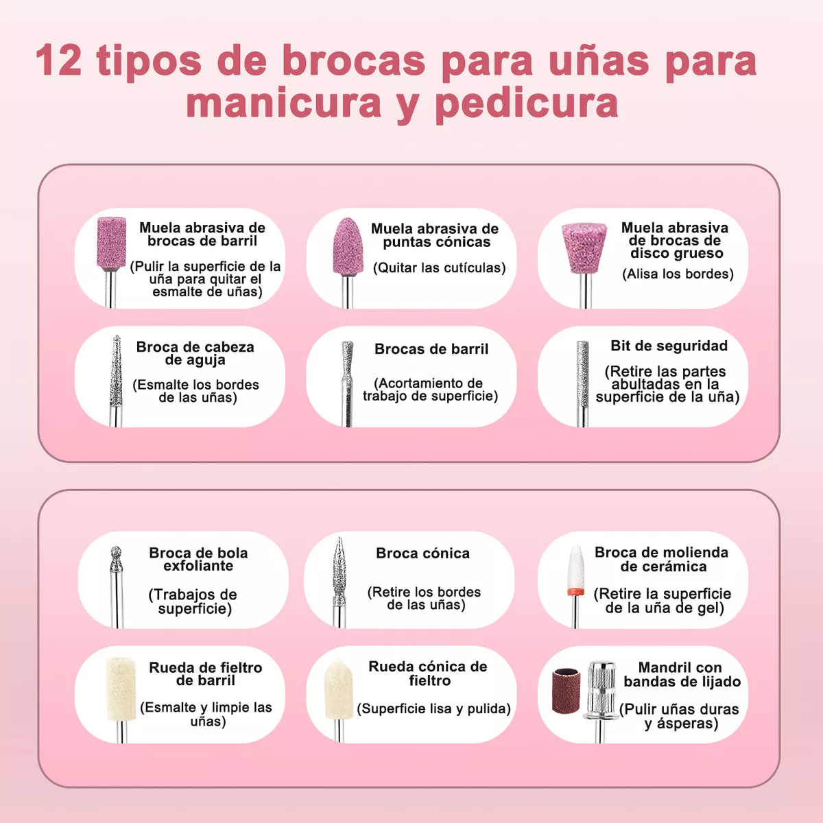 Pulidor Esmeril Uñas Taladro 45000rpm Recargable Ciicii Dril,pulidora De Unas Profesional Rosa, 2400mah Y Equipado Con 12 Tipos De Taladros 36w Professional-drill Uñas