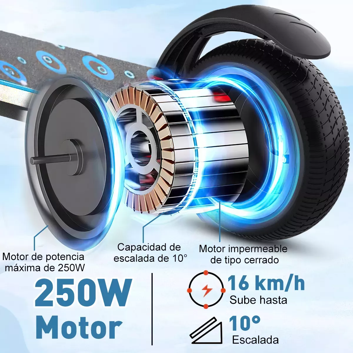 Scooter Patín Eléctrico Led 250w 16km/h 5.2ah Con Rodilleras