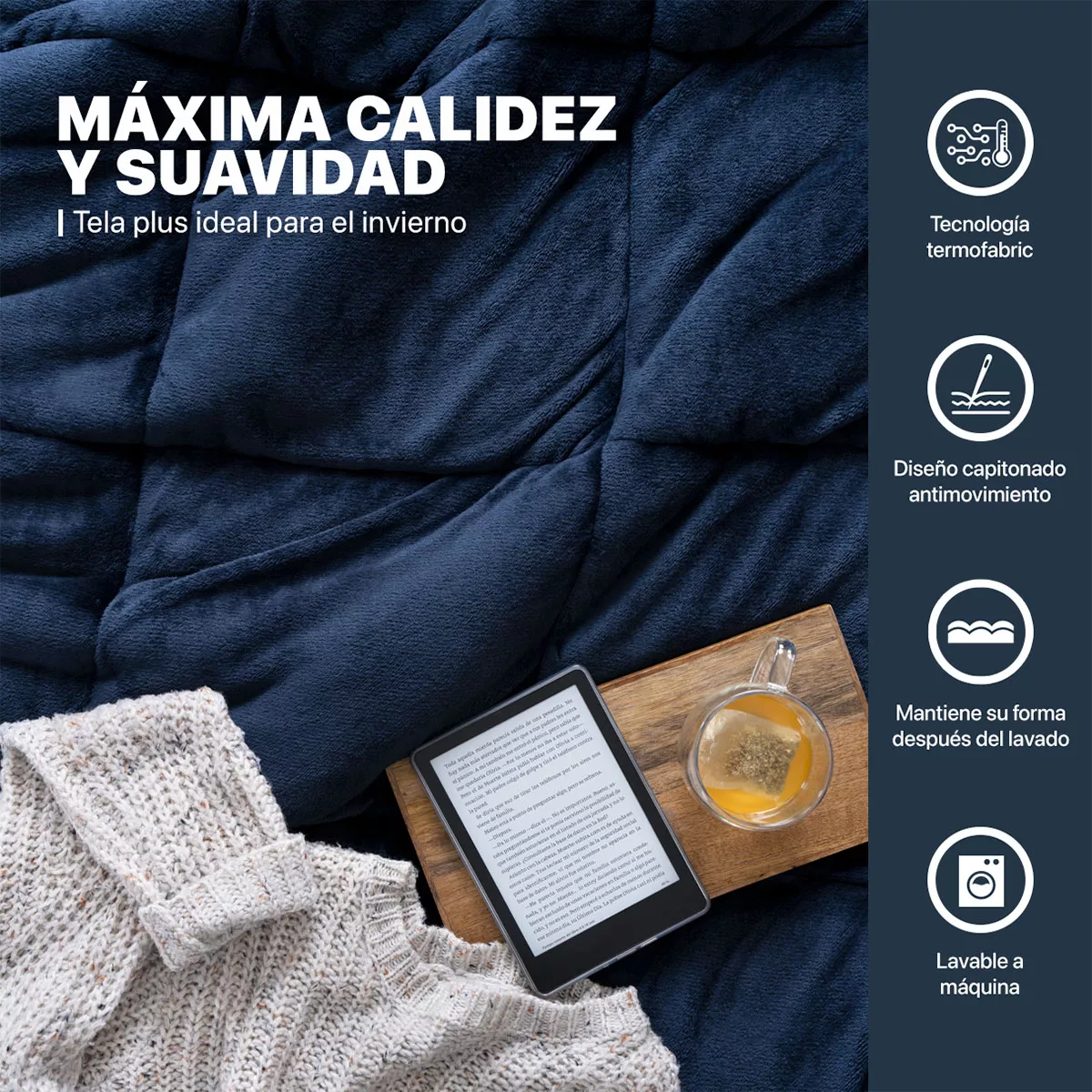 Set Edredón Invernal King Size Esquimal + Fundas De Almohada + Sábana De Cajón, Azul Marino-gris Oscuro
