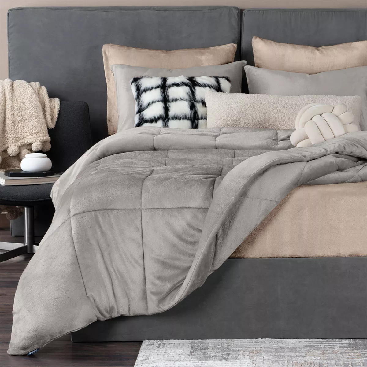 Set Edredón Invernal Matrimonial Esquimal + Fundas De Almohada + Sábana De Cajón, Negro-gris Oscuro.