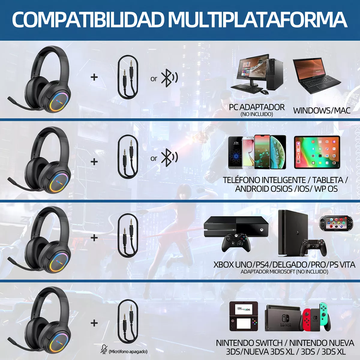 Audífonos Inalámbricos Diadema Bluetooth Gamer Headset KRIOS Bk3 Con Micrófono Luz Led Manos Libres Para Xbox Ps4 Pc