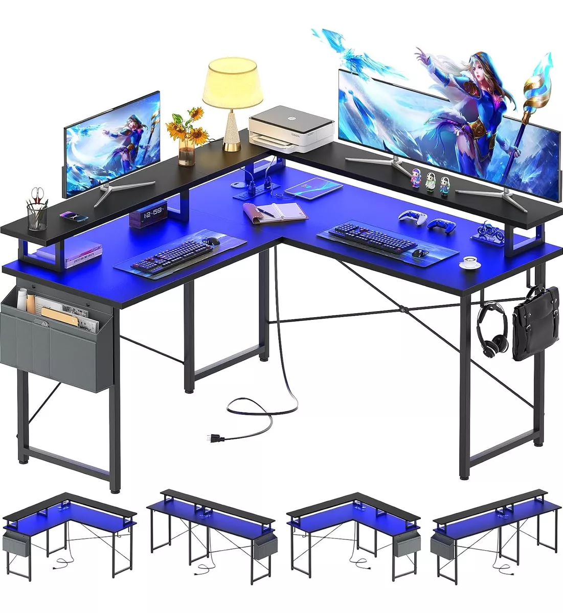 Escritorio En Forma De L Con Estante Led Y Toma Corriente