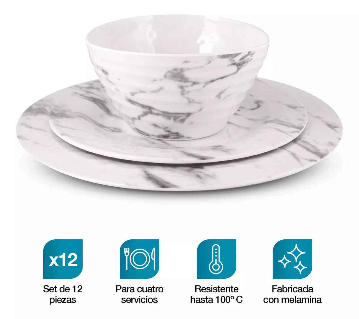 Vajilla de Melamina Moderna para 4 Personas (12 Pz): Plato Hondo, Ensaladera y Plato Trinche. Resistente a Caídas y Altas Temperaturas, Apta para Lavavajillas, No Microondas.