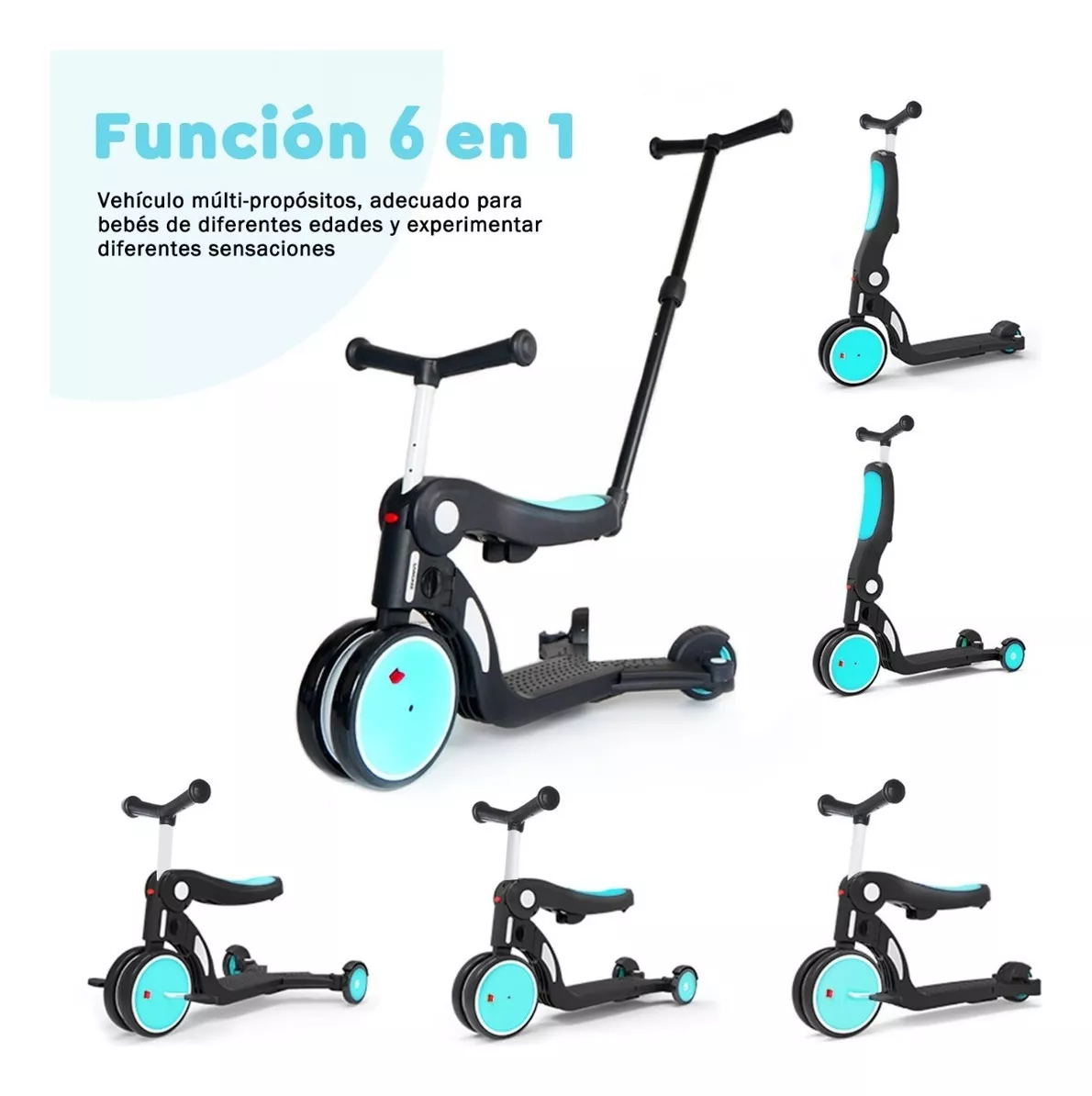 Novangua S100031 triciclo transformable para niños 6 en 1 color negro con celeste con manija de empuje desmontable y 3 niveles de altura