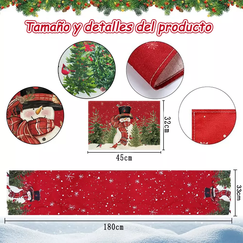Camino De Mesa Con Adorno Navideño + 4 Manteles Individuales