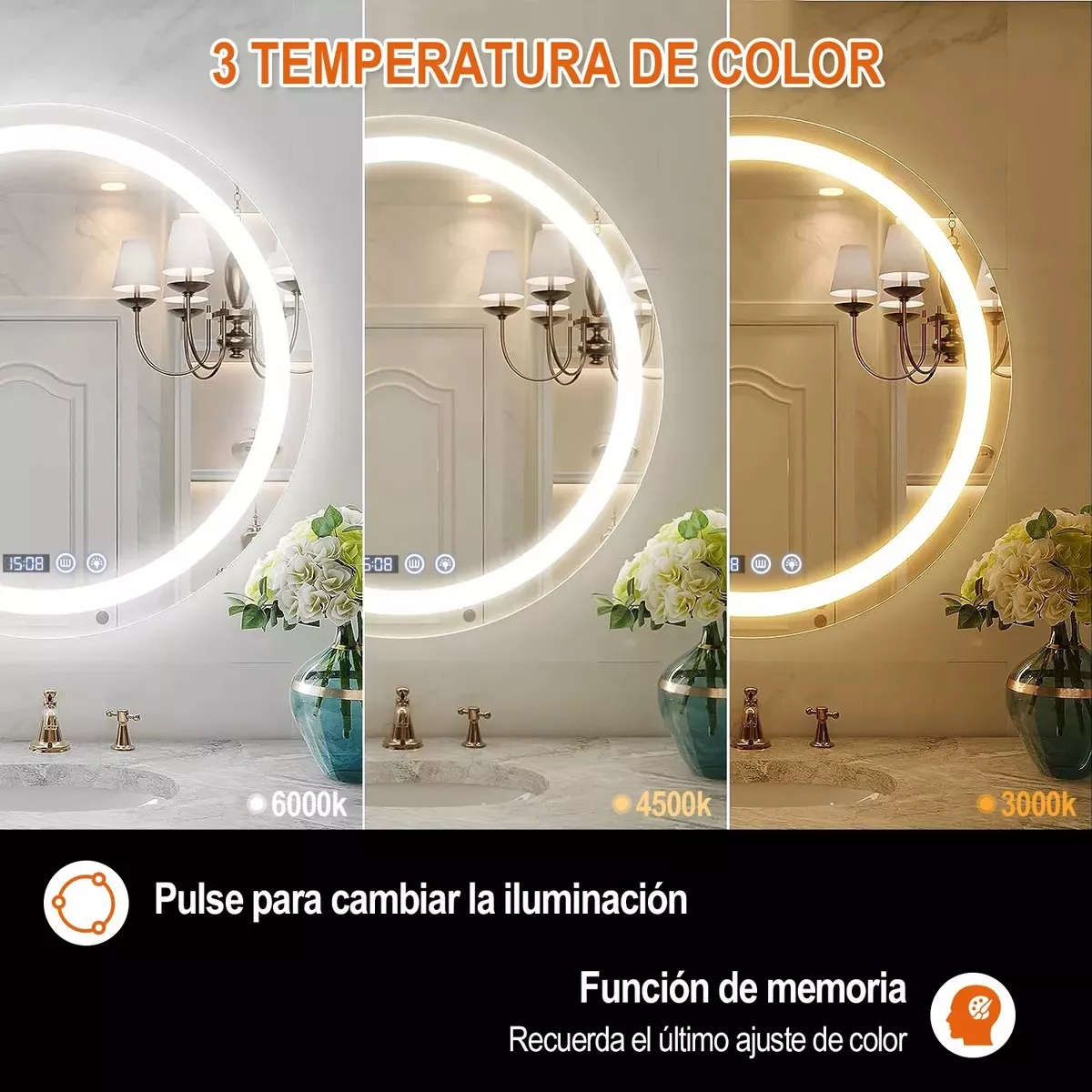 Espejo Led Baño Touch 3 Modo Con Función Antivaho 60*60cm
