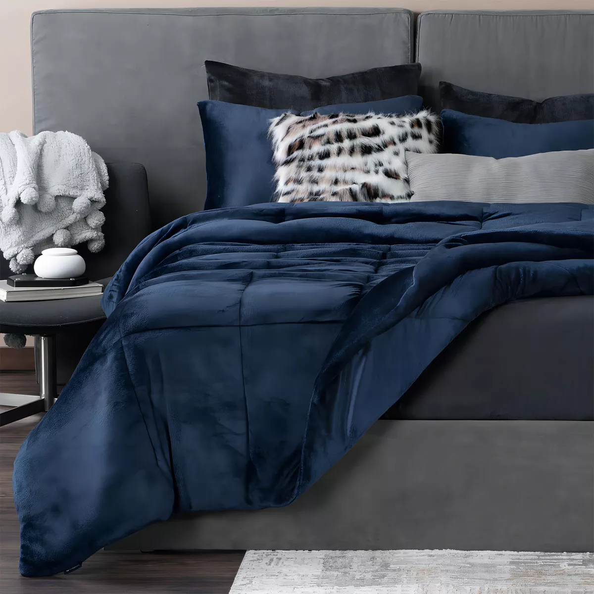 Set Edredón Invernal Matrimonial Esquimal + Fundas De Almohada + Sábana De Cajón, Negro-gris Oscuro.