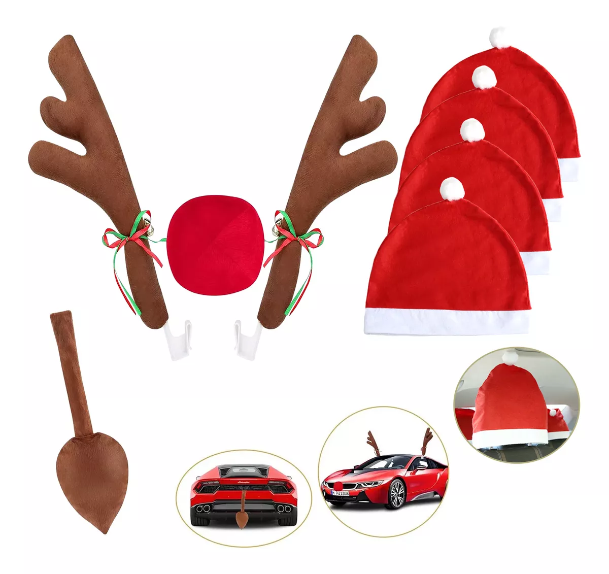 Kit De Renos Y Gorros De Papá Noel Decoración Navideña Coche