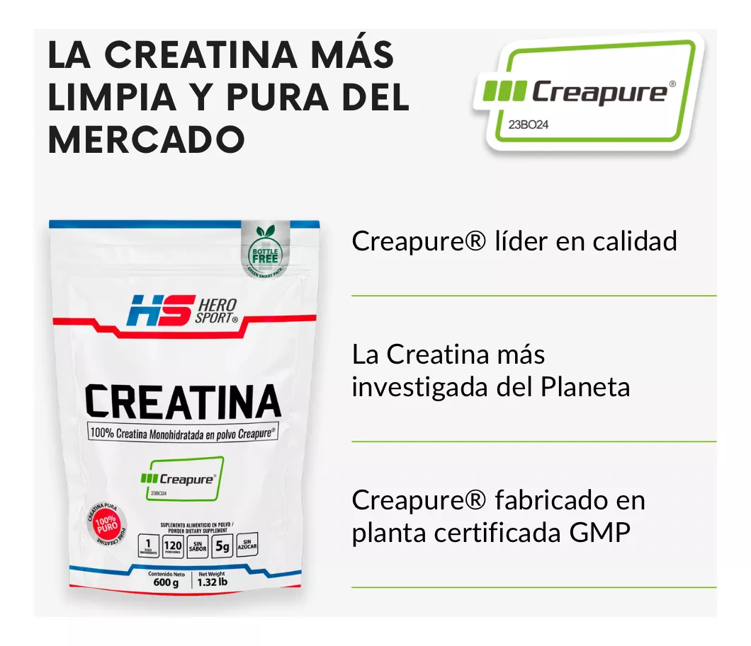 Hero Sport Creatina Monohidratada Creapure 600g 120 Servs Sabor Sin sabor
