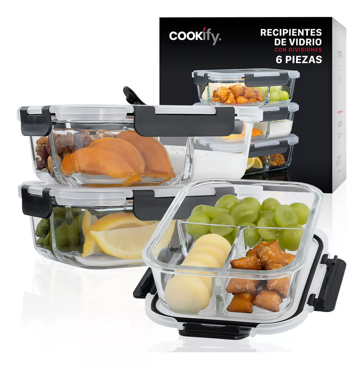 Set 3 Contenedores De Vidrio Con Divisiones Recipientes Herméticos Cookify | Tapas Con Válvula | Toper Aptos Para Horno Y Congelador | Sin Bpa