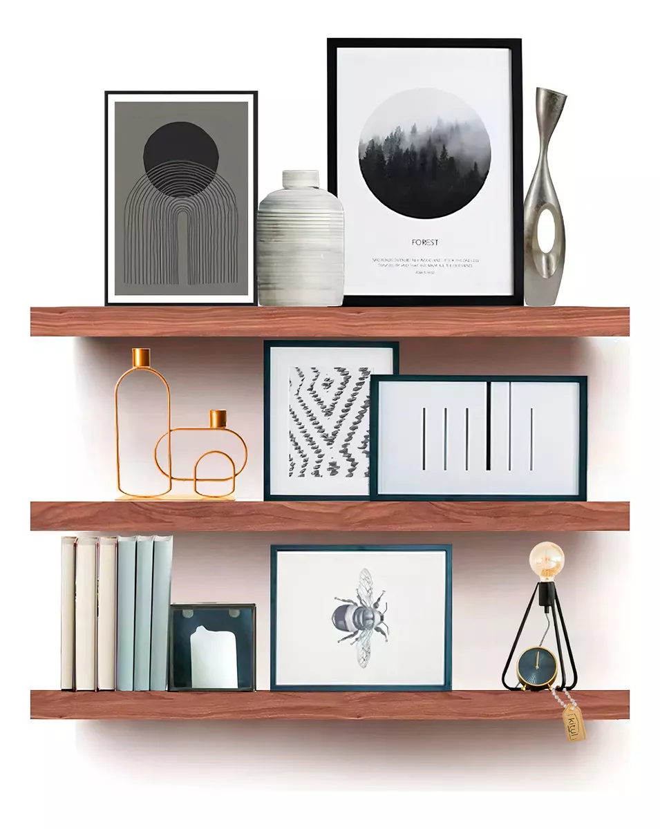 Kit 3 Repisas Flotantes Minimalistas Con Accesorios 50x15 Cm Color Nogal