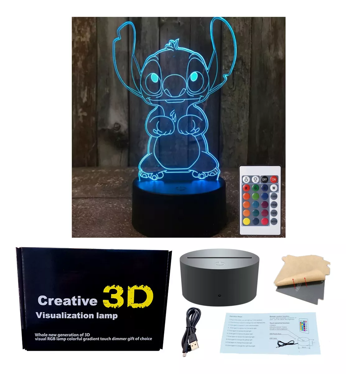 Lámpara De Mesa Stitch Led 3d Control Remoto 16 Colores