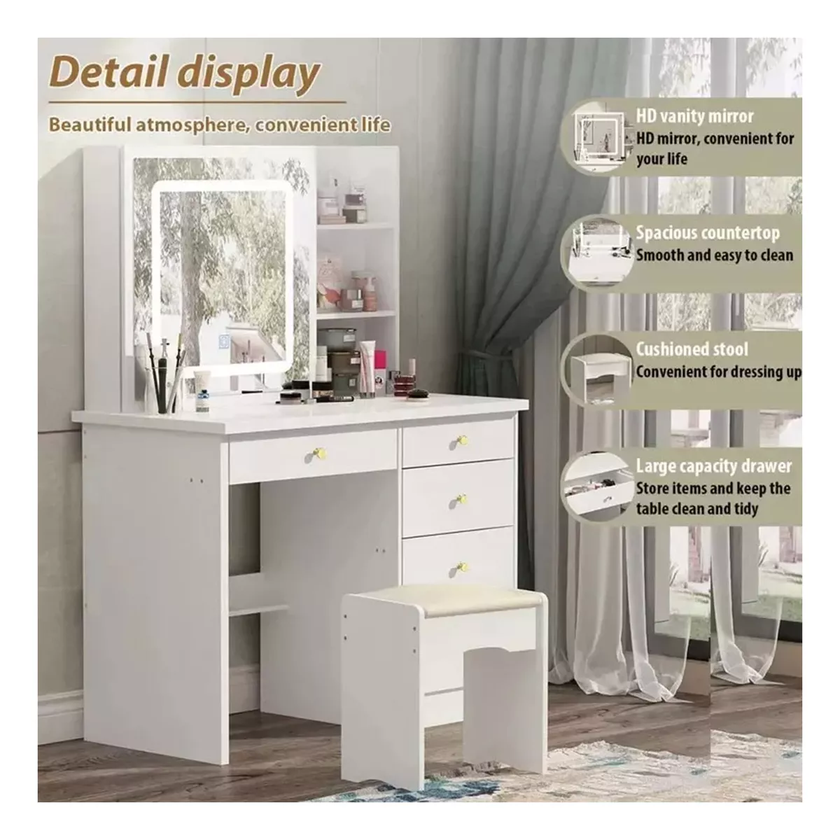 Tocador Vanity Multifuncional Moderno Con Espejo Led Y Banco