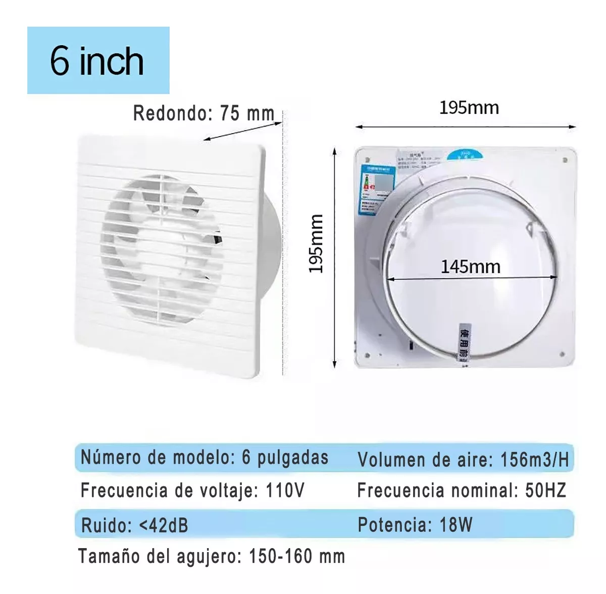 Ventilador Extractor De Aire Para Baño Cocina 6 Pulgadas