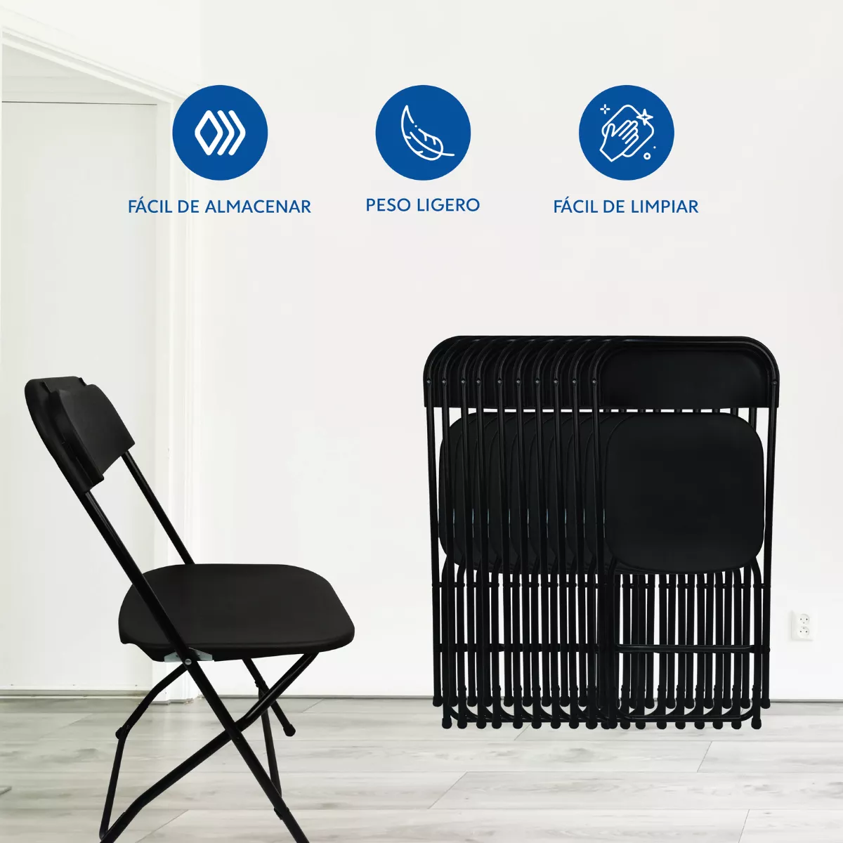 Sillas Plegables De Plástico Reforzadas Negras Set De 10 Pzs Color Negro Liso