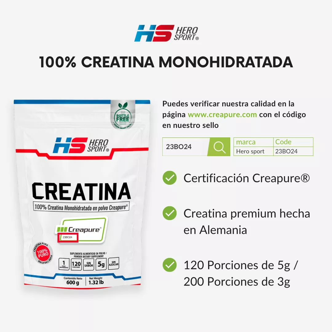 Hero Sport Creatina Monohidratada Creapure 600g 120 Servs Sabor Sin sabor