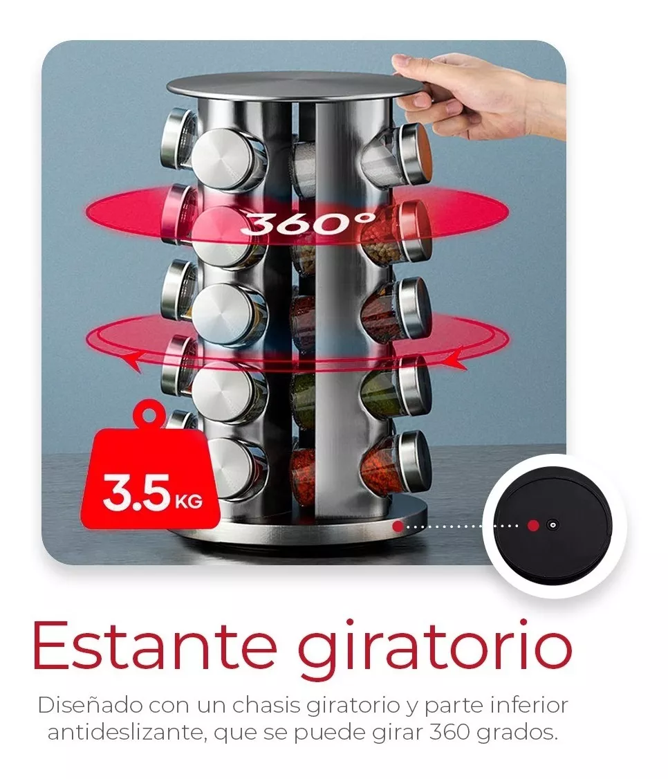 Especiero Giratorio, 20 Tarros Vidrio Organizador de Especias y Condimentos