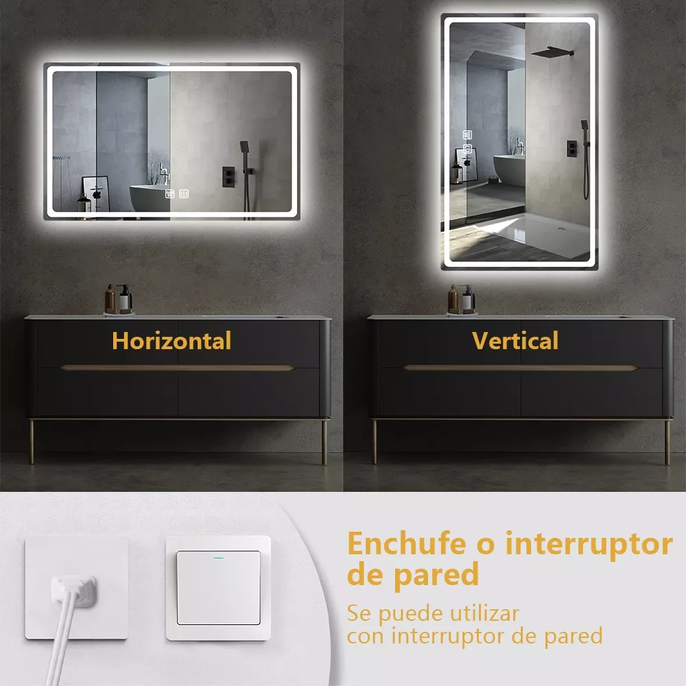 Espejo Led Baño 50x70cm Touch 3 Modo Con Función Antivaho