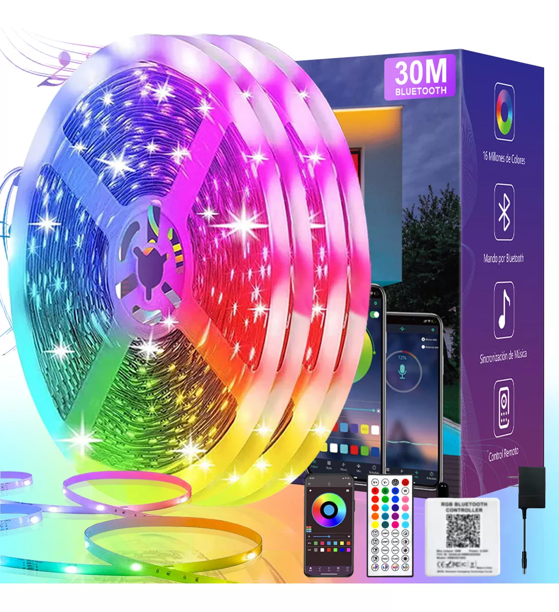 Dahan RGB 5050 Bluetooth LED Strip 30M control APP+44 teclas control remoto por infrarrojos, micrófono incorporado, sincronización de música, 16 millones de colores, adecuado para decoración del hogar