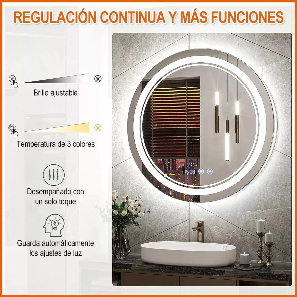 Espejo Led Baño Touch 3 Modo Con Función Antivaho 60*60cm