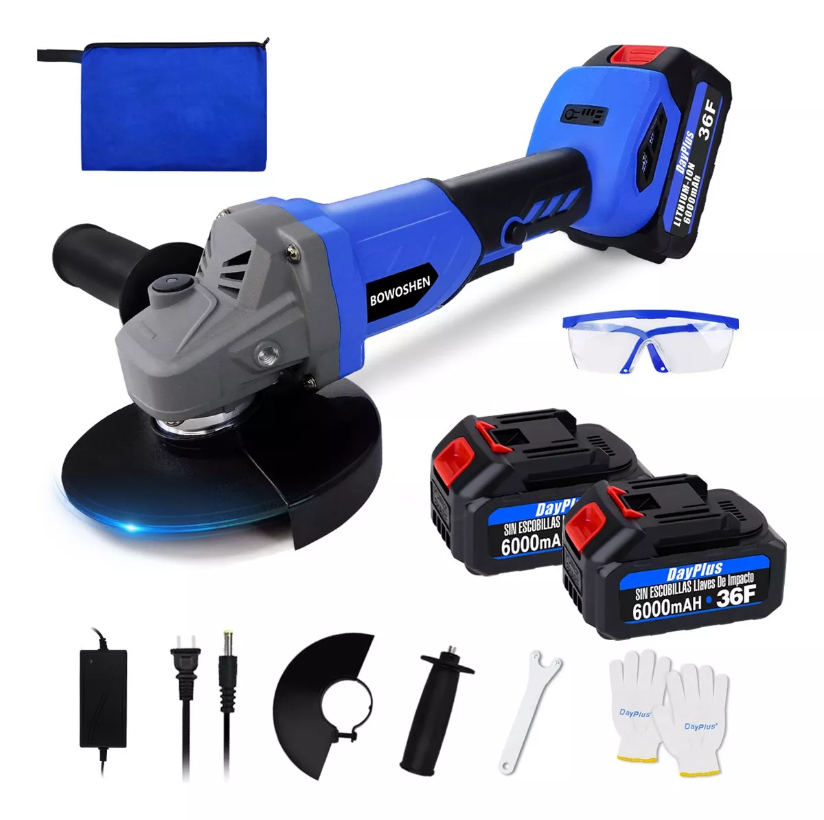 Esmeriladora Angular Eléctrica Inalámbrica Con 2 Baterías De 6000mAh Para Cortar y Mole BOWOSHEN, Amoladora Inalámbrica De Motor Sin Escobillas De 10000 Rpm Con Mango Antideslizante Portátil