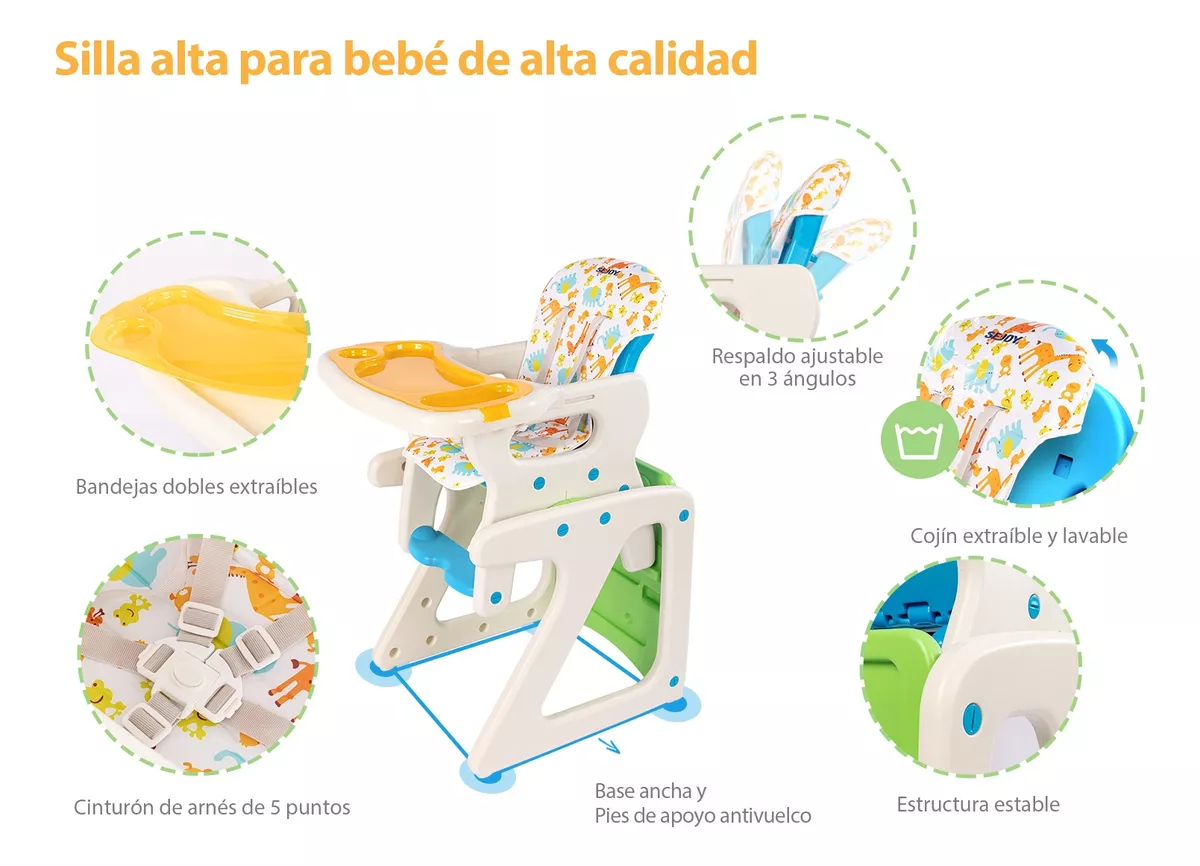 Sejoy Silla Comer Bebé Gy01-gree Plegable 3 En 1 Ajustable