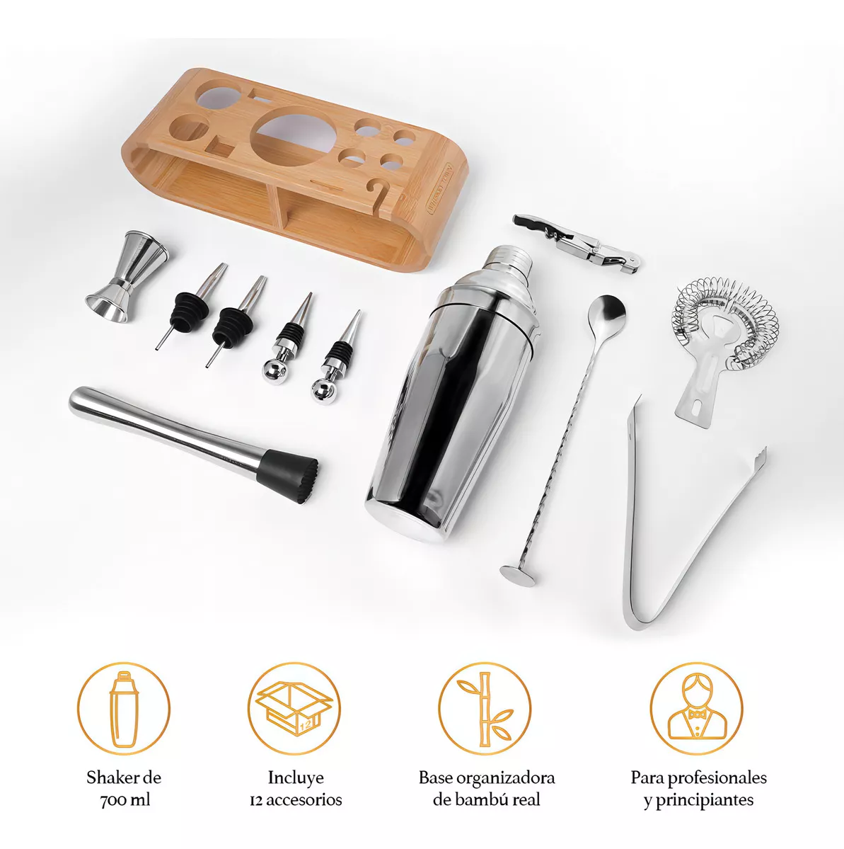 MIXOLOGIC Kit de Bartender con Base de Bambú y Acero Inoxidable 12 Piezas, Ideal para Cantina y Hogar, Set de Coctelería para Bebidas y Mixología, Incluye Shaker, Jigger, Sacacorchos, Colador y Más