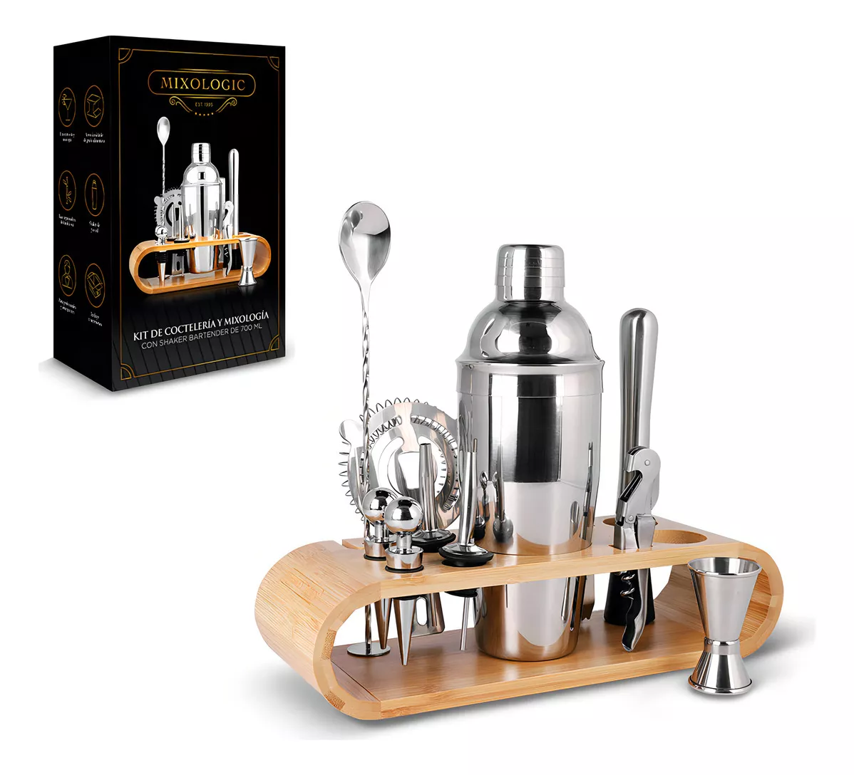 MIXOLOGIC Kit de Bartender con Base de Bambú y Acero Inoxidable 12 Piezas, Ideal para Cantina y Hogar, Set de Coctelería para Bebidas y Mixología, Incluye Shaker, Jigger, Sacacorchos, Colador y Más