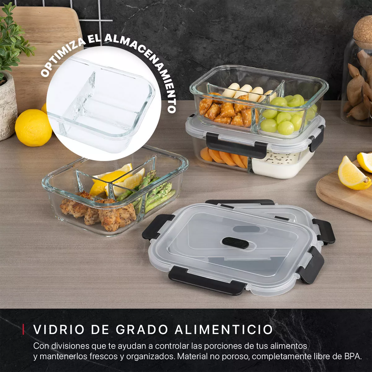 Set 3 Contenedores De Vidrio Con Divisiones Recipientes Herméticos Cookify | Tapas Con Válvula | Toper Aptos Para Horno Y Congelador | Sin Bpa
